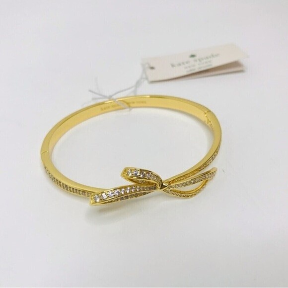 New! Kate Spade Cubic Zirconia All Tied Up Pave Bow Bangle Gold Plated Bracelet - Picture 6 of 9